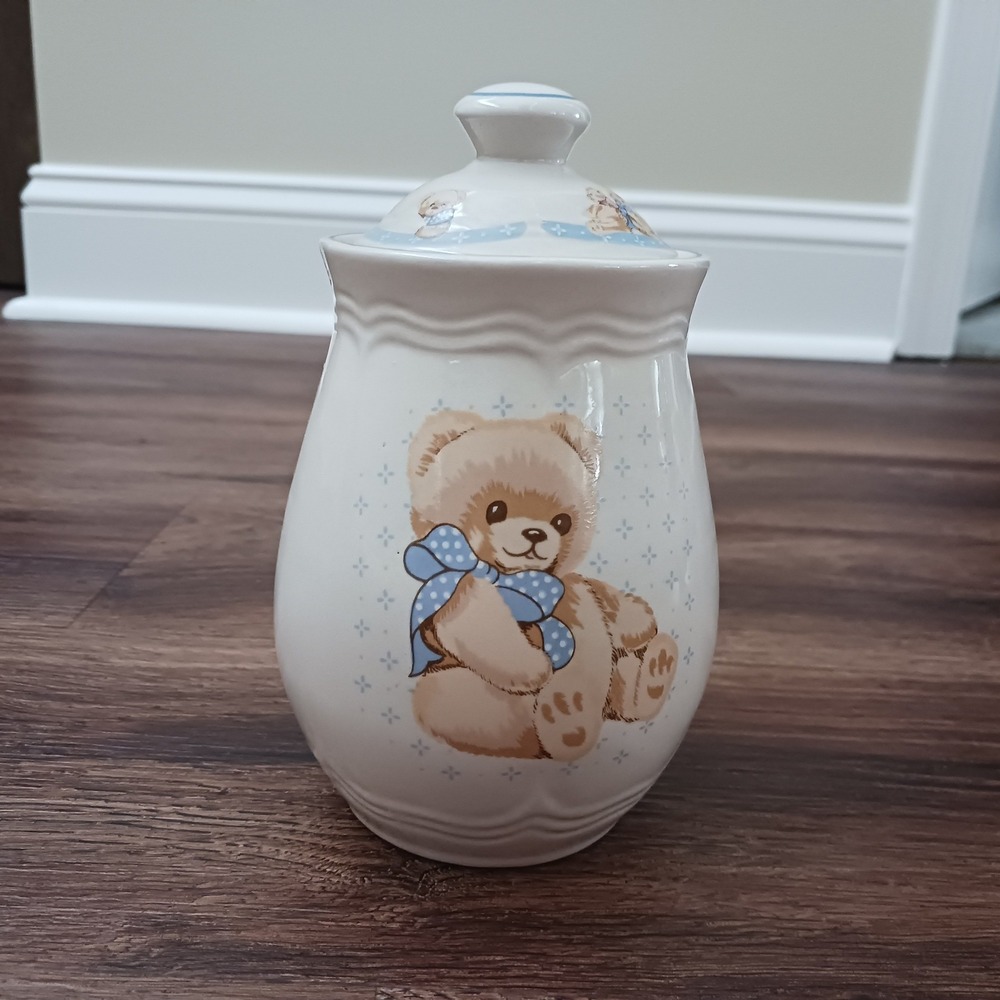 Tienshan Stoneware Teddy Bear Canister Jar with Lid Blue Bow Vintage Ceramic